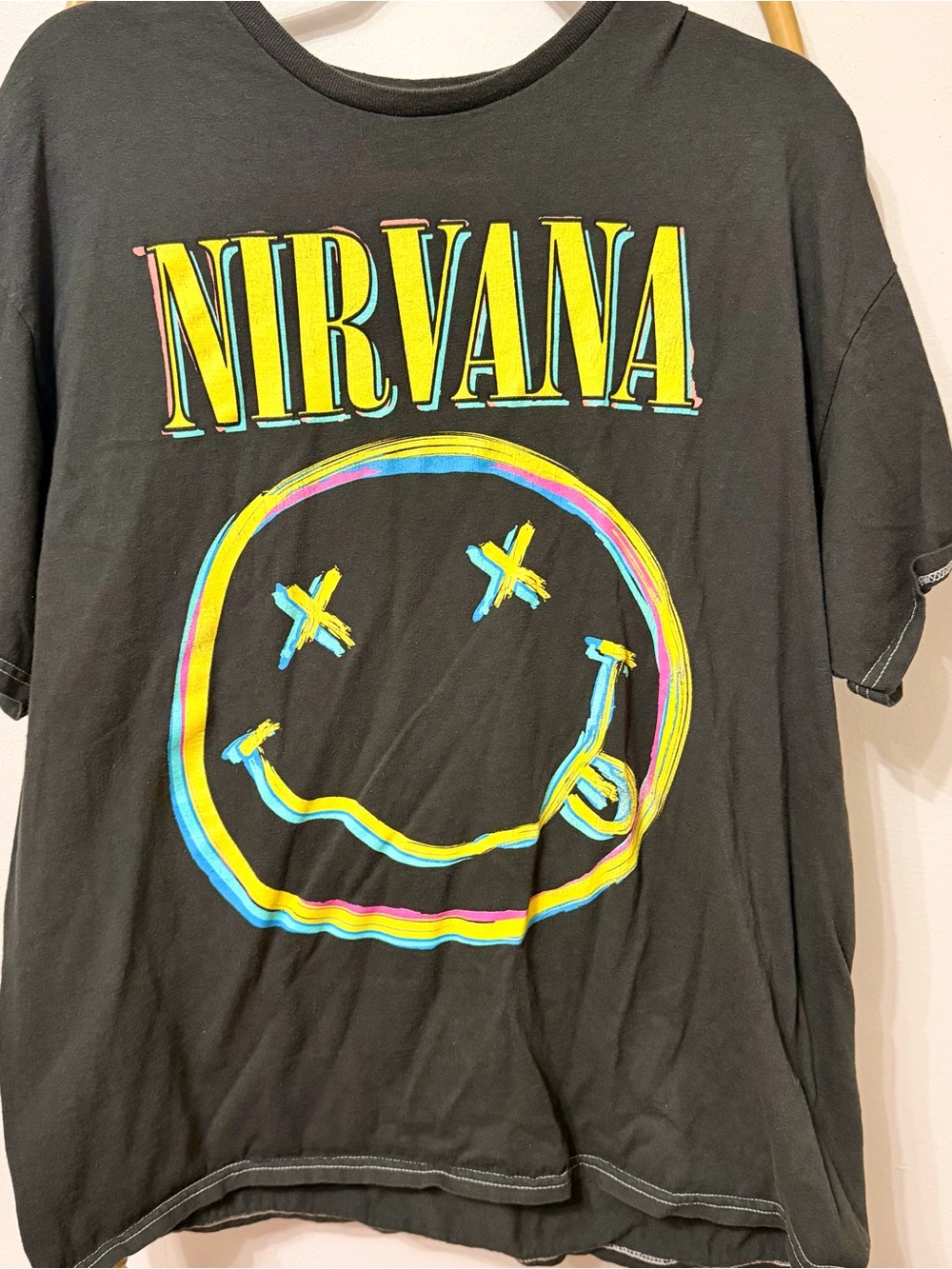 NIRVANA Black Tee with Neon Yellow, Cyan & Pink Smiley